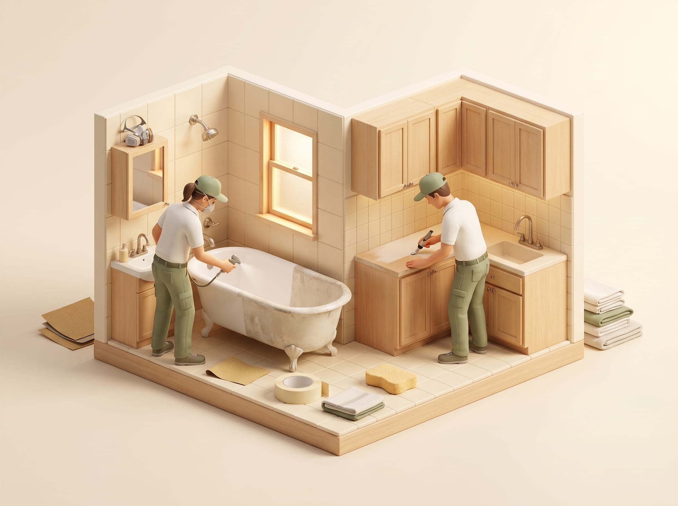 Technicians resurfacing a bathtub and kitchen countertop