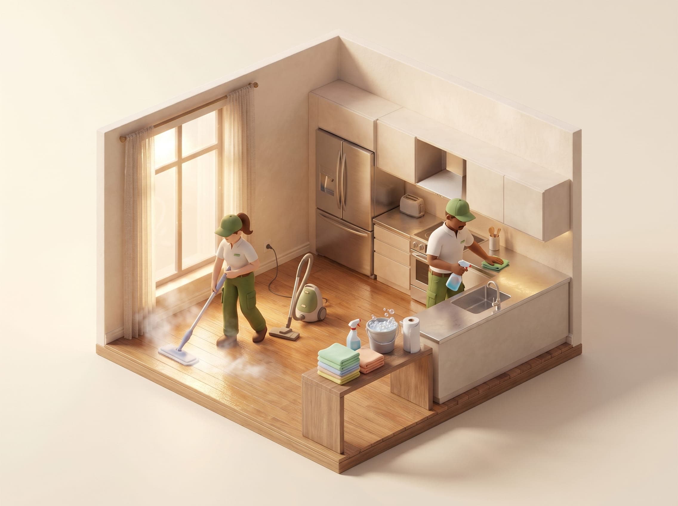 Maid service team deep-cleaning an apartment