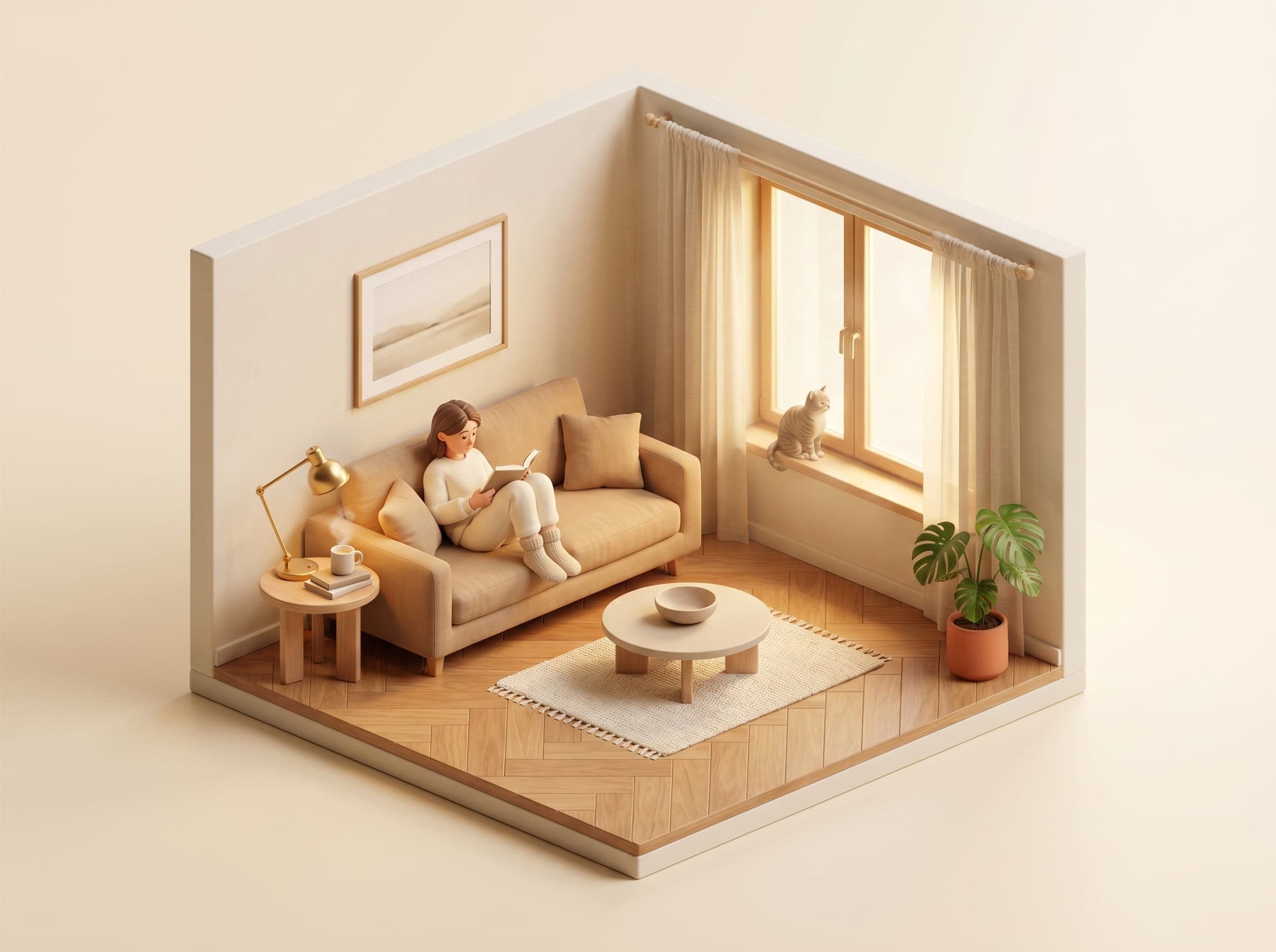 A resident reading on a clean, tidy sofa with a cat on the windowsill